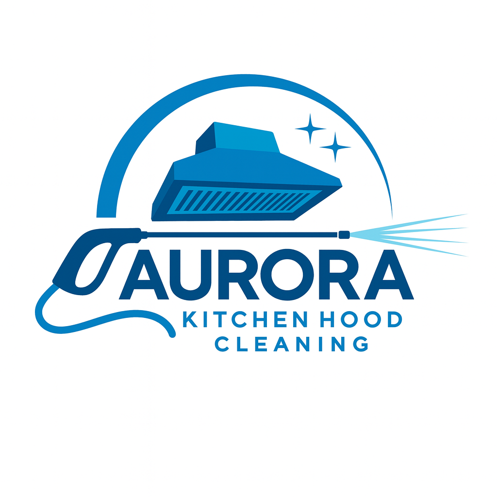 Logo for Aurora Kitchen Hood Cleaning featuring a blue kitchen hood, sparkles, and a pressure washer spraying water.