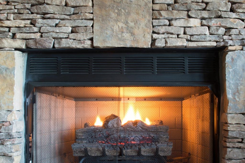 Lit fireplace