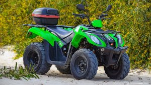 Green ATV with toolbox